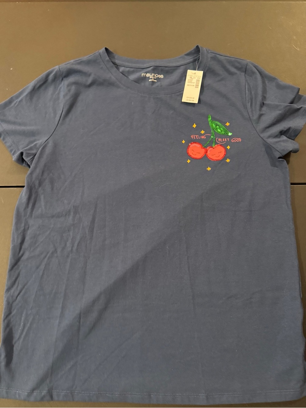 Maurices Navy Tee with Sparkly Red Cherry Graphic